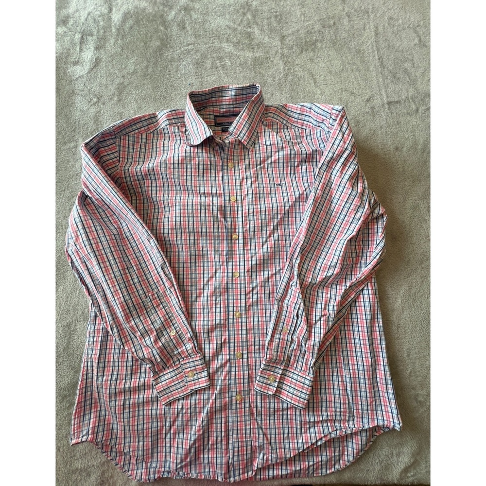 Vineyard Vines Button Down Shirt Mens Large Pink Blue Plaid Whale Shirt Cotton